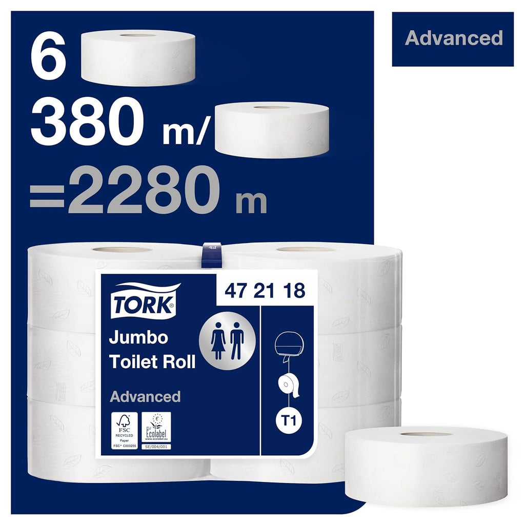 Hârtie igienică Tork Jumbo White T1, Advanced, 2 straturi, 6 × 380 M, 472118