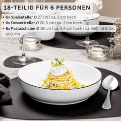 SÄNGER | Set de veselă Marlo cu margine neagră și albă, Set de veselă din porțelan cu 18 piese pentru 6 persoane, Alb cu accente negre, Farfurii de cină, Farfurii și boluri pentru desert, Design modern | COLECȚIA PREMIUM