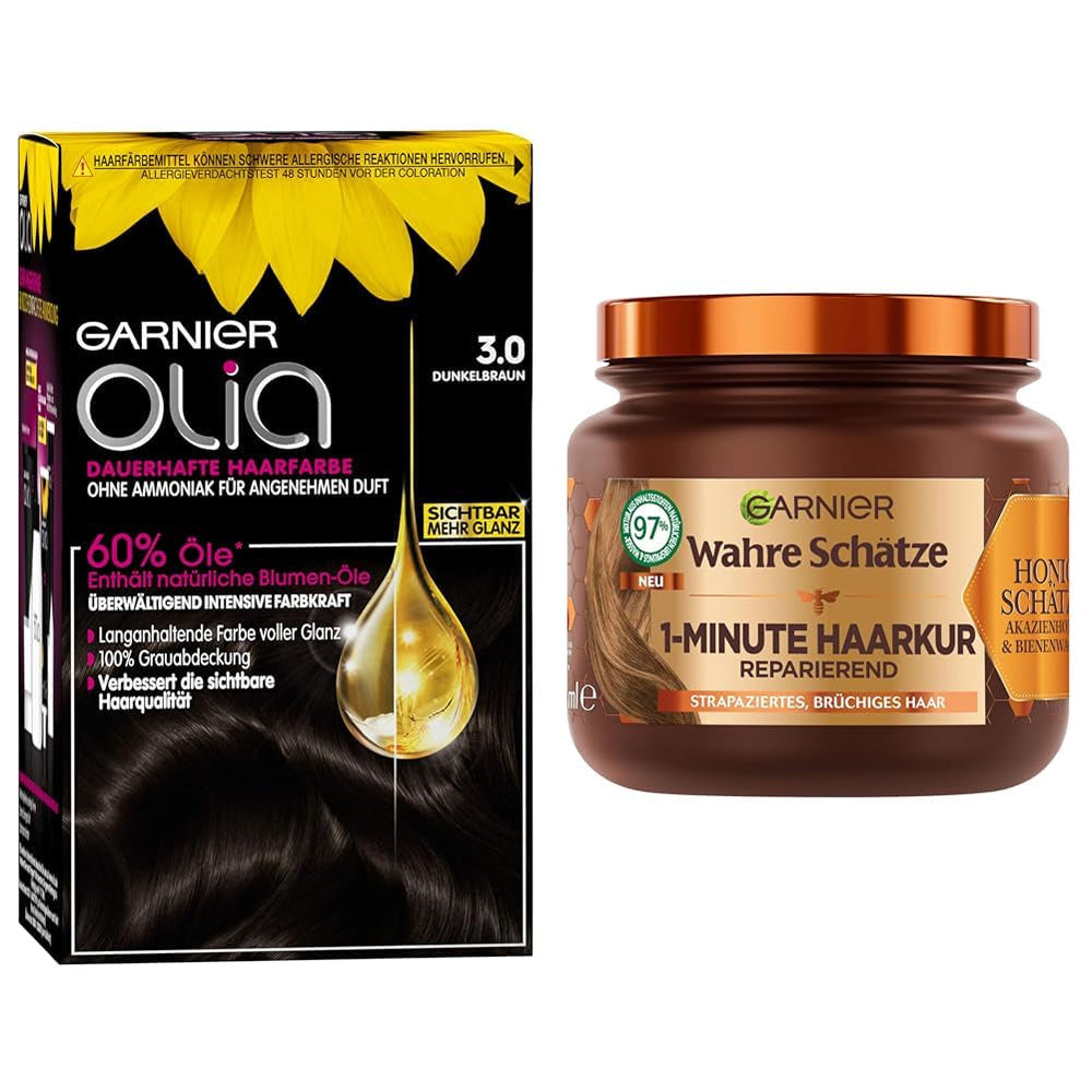 Garnier Colour & Care Set: Olia 3.0 Dark Brown Permanent Hair Colour + Repairing Hair Treatment (340ml) | Cu miere de acacia și ceară de albine pentru strălucire și suplețe | Fără amoniac Vopsea pentru par Naty Shop Titlu implicit