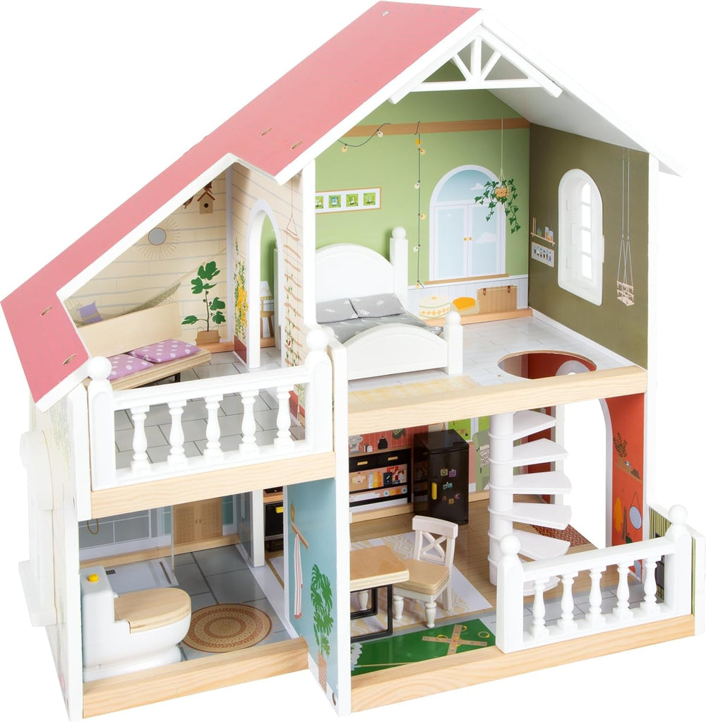 Casă de păpuși Small Foot Vilă de oraș din lemn, cu 3 etaje, față deschisă și 12 mobilier, pentru copii de la 3 ani, 11802, alb gri Casute de papusi Naty Shop Casă de păpuși cu terasă pe acoperiș
