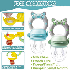 Hrănitoare cu fructe pentru bebeluși, pachet de 2 suzete cu fructe pentru bebeluși de la 3 luni în sus, versiune îmbunătățită 2023, suzete umplubile, suzete din terci, suzete cu fructe pentru bebeluși, fără BPA, 8 tetine din silicon în 3 dimensiuni