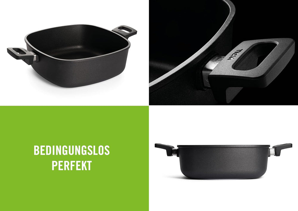 Woll Nowo Titanium Guss-Kasserole Viereckig - Induktiv -, 28 X 28 Cm, 10 Cm Hoch, 6,0 litrů, Mit 2 Seitengriffen - Geeignet Für Alle Herdarten, Aluminium, Backofenfest, Schwarz Formy a plechy na pečení Naty Shop