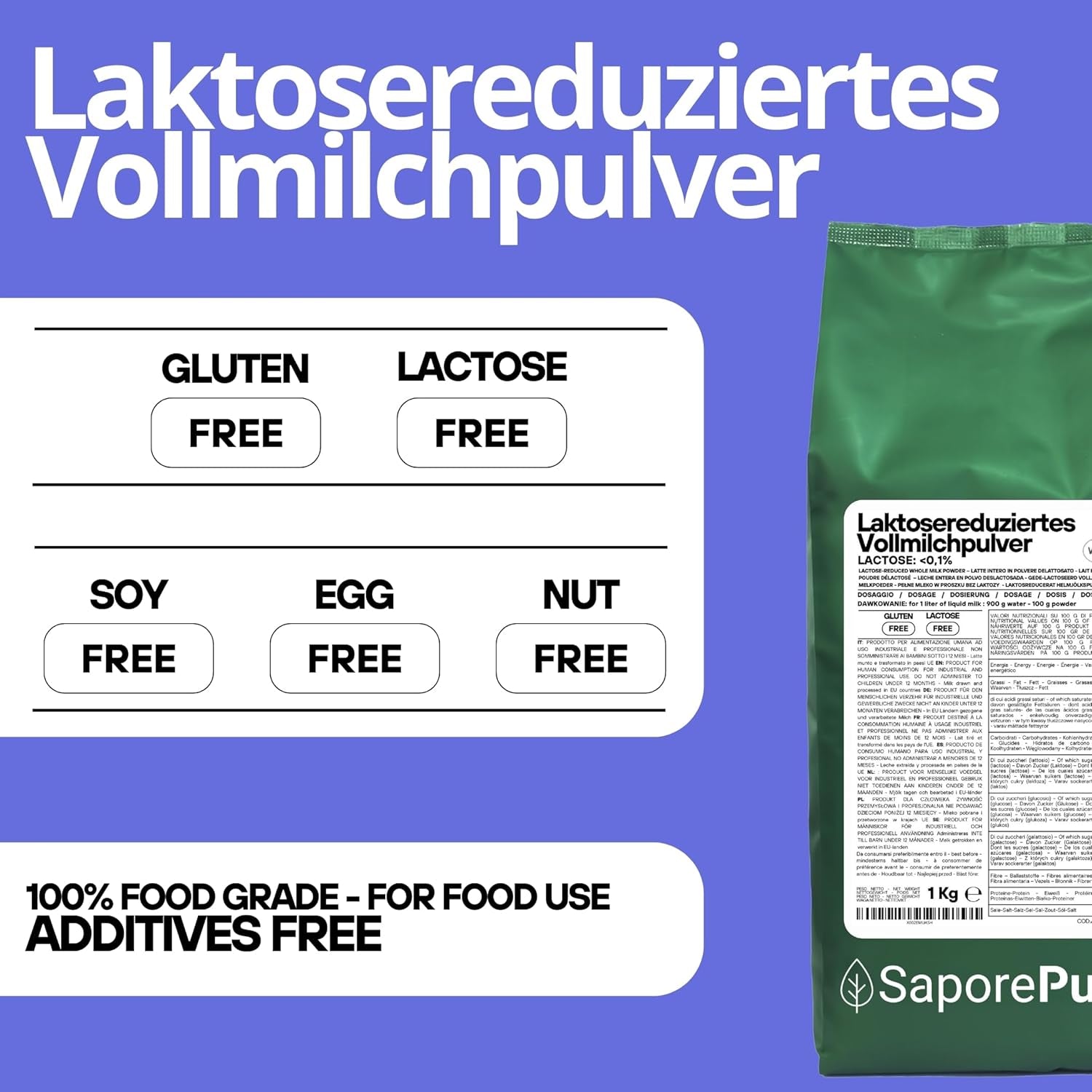 Laktosefreies Vollmilchpulver 1 kg | Hohe Löslichkeit | Ideální pro pečivo, chléb a potraviny Profesionální a průmyslové použití Bezlaktózový Bezlepkový