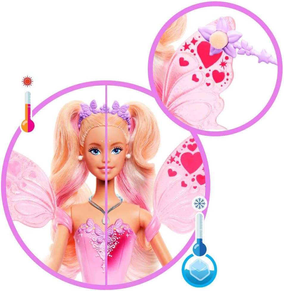 Păpușă Barbie Mattel cu baghetă magică și accesorii de modă, temă fantezie cu aripi și ținută care își schimbă culoarea, JCP76, [multicoloră]
