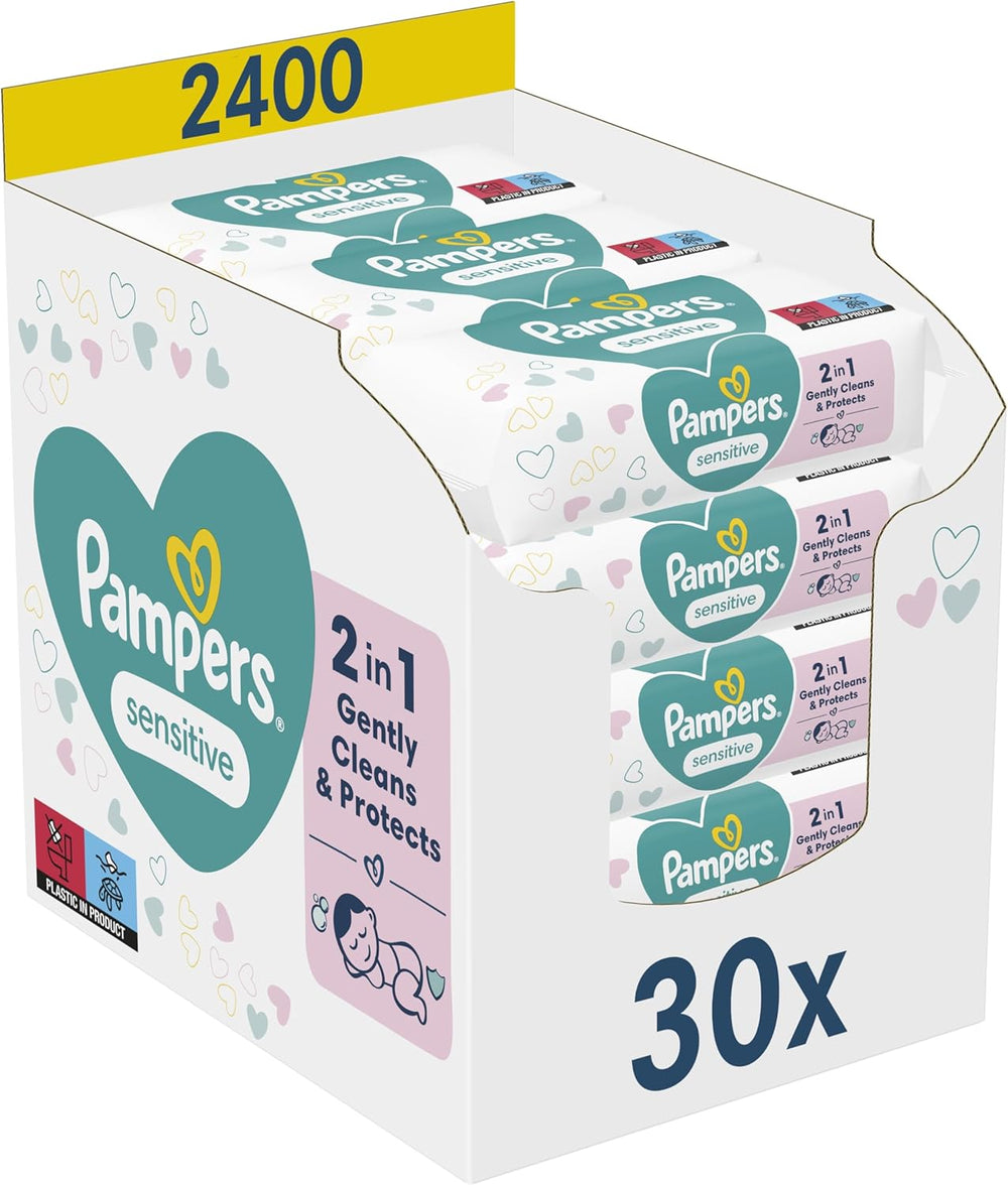 Pampers Sensitive dětské ubrousky, 15 balení 80 ubrousků, 1200 dětských ubrousků, jemné čištění a ochrana pokožky 2 v 1