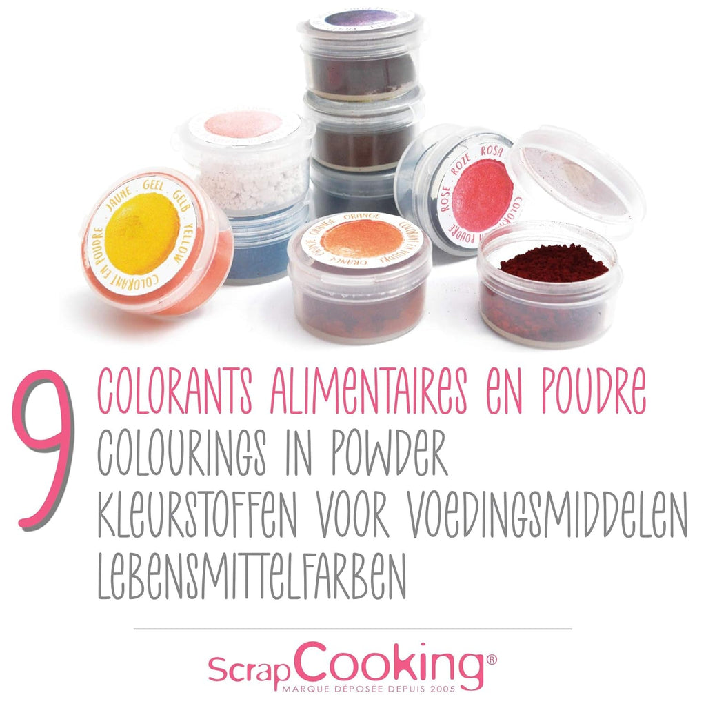 Scrapcooking - Set 9 coloranți alimentari pudră - Albastru, Galben, Roz, Violet, Portocaliu, Verde lămâie, Roșu, Roz pudră, Negru - Pudră colorantă comestibilă pentru prăjituri, brioșe, macarons - 4270