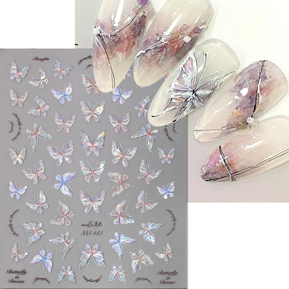 Glänzend Aurora Shell Schmetterling Nagelsticker Selbstklebend,Erleichterung Schmetterlinge Nail Sticker Rosa Laser Schmetterling Nagelaufkleber Für Frauen Nageldesign Zubehör Nagel Zubehör Nail Art