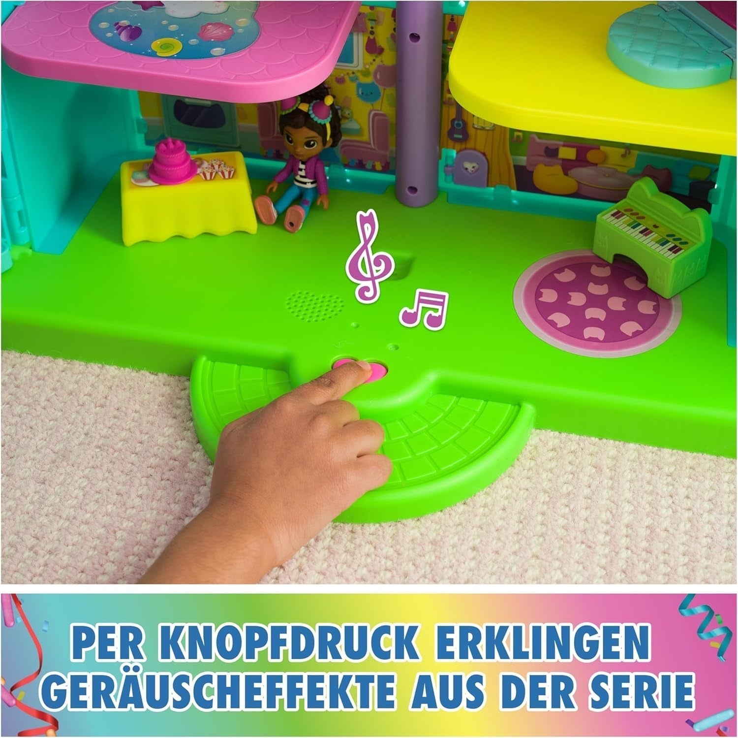 Casa de păpuși Gabby™S, set de 15 piese pentru casa de păpuși Purrfect Party cu aspect curcubeu, de peste 60 cm, cu figura Gabby, mobilier și efecte sonore, de la 3 ani Casute de papusi Naty Shop