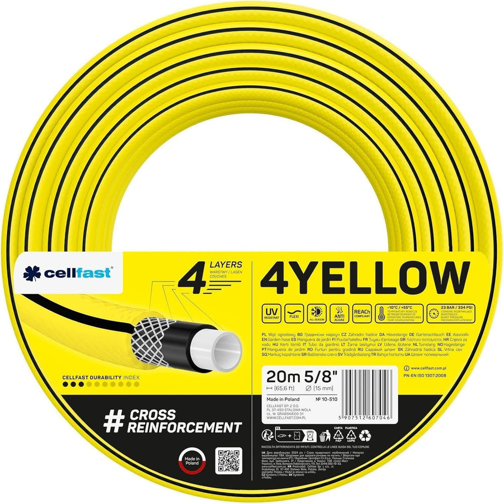 Furtun de grădină Cellfast GALBEN, ușor, durabil, cu 4 straturi, împletitură încrucișată durabilă, rezistent la UV și alge, rezistent la răsucire, tehnologie REACH, 20 bar, -10/+50°C, închidere: Temp. 5/8", 20m