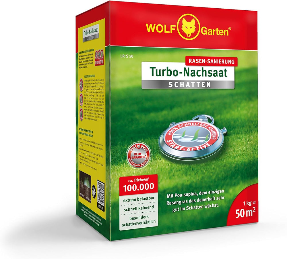 Wolf-Garten Turbo-Nachsaat „SCHATTEN“ Zur Rasensanierung LR-S 50 (Für 50 M², Hohe Dichte Mit Ca. 100.000 Trieben/M², Speziell Auf Schattige Lagen, Mit Wolf-Garten Keimgarantie, Im 1Kg Karton) 3826636