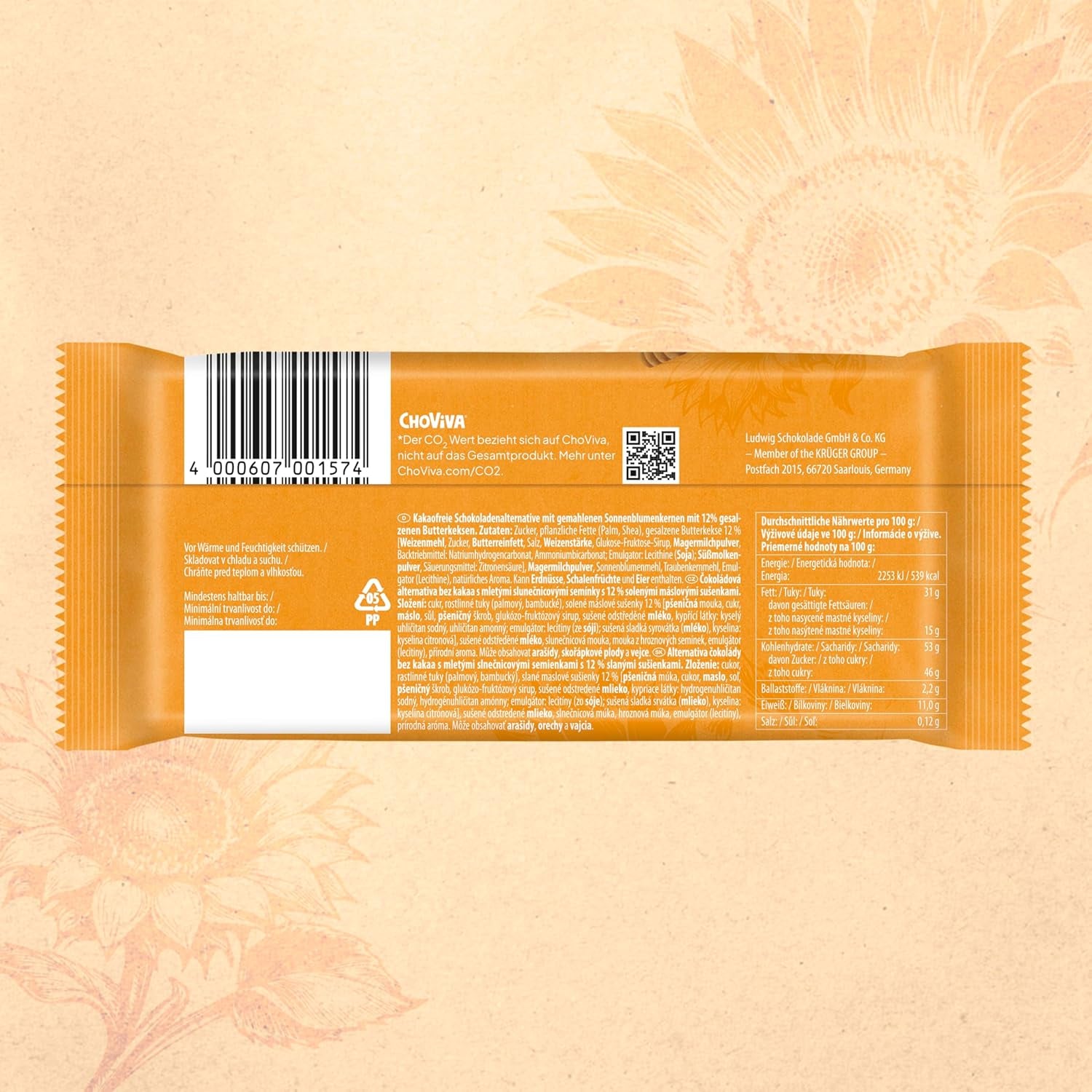 Slané máslové sušenky a ChoViva, 80g tyčinka, vyrobené z alternativní čokolády se slunečnicovými semínky