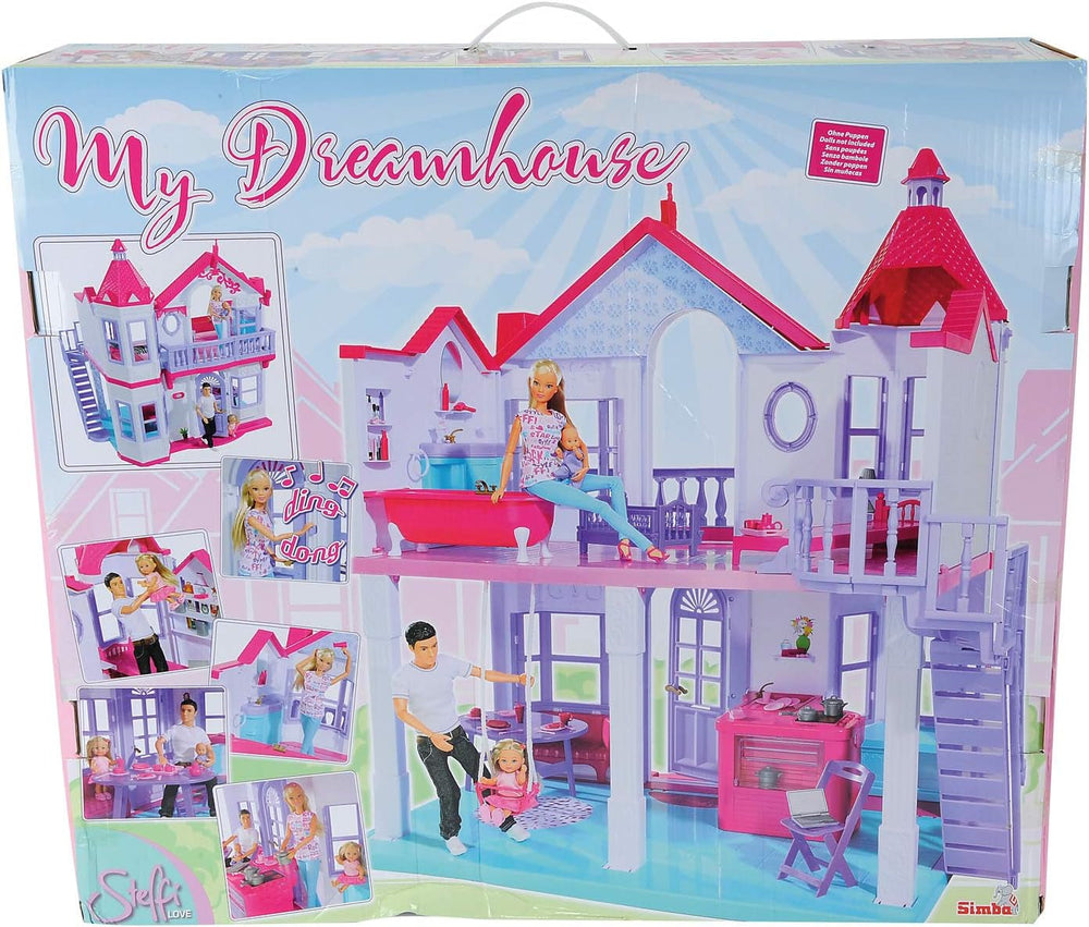 Simba 104661996 - Steffi Love Dreamhouse, velký domeček na hraní, 4 pokoje, BEZ LOUTEK, 84 cm vysoký, dvě patra, funkční zvonek, skládací domečky pro panenky Naty Shop
