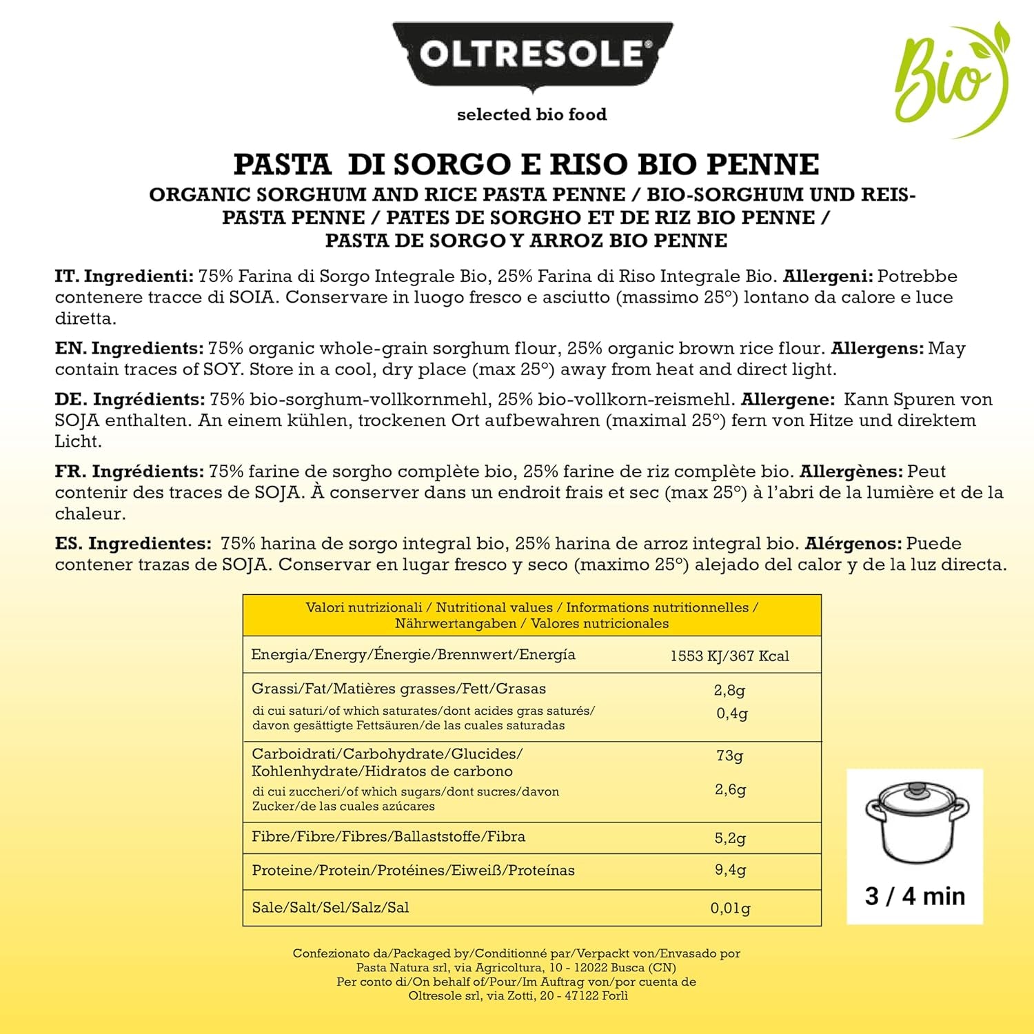 - Italské bio čirokové a rýžové těstoviny, bezlepkové, tvar penne - bezlepkové těstoviny vyrobené z celozrnné mouky z ekologického italského zemědělství, veganské, balení 3 balení x 350g