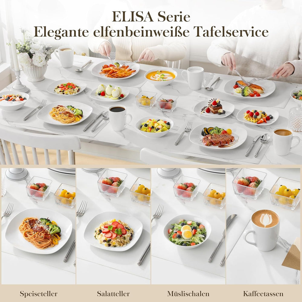 Set de veselă MALACASA pentru 4 persoane, serviciu de masă cu 16 piese din porțelan alb, set de veselă modern cu 4 farfurii de cină, farfurii de desert, farfurii de sumă și cești, seria ELISA