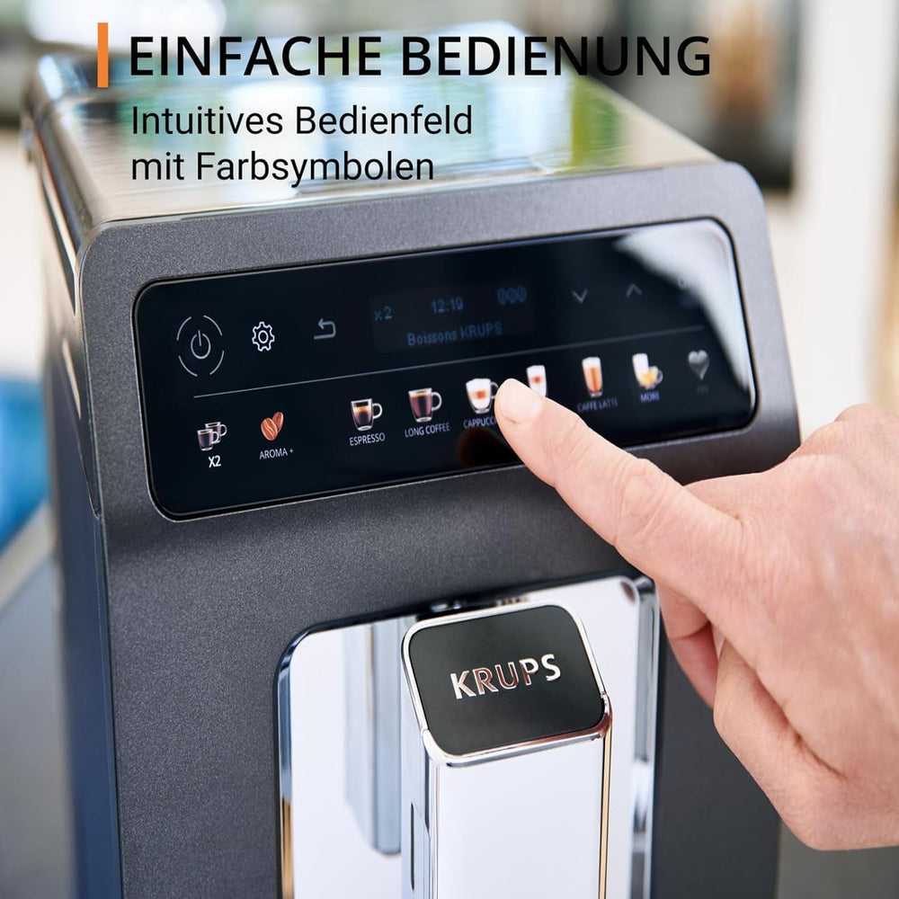 Espressor automat KRUPS Evidence One cu furtun pentru lapte, cappuccino cu o singură atingere, 12 specialități de băuturi, funcție pentru 2 cești, afișaj color, espressor, certificat TÜV, negru, EA895N10