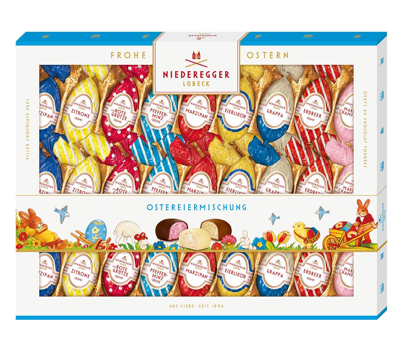 Niederegger | Mix velikonočních vajíček | 1 x 337 g | Velikonoční vajíčka s různými marcipánovými a pralinkovými náplněmi | Poléváno hořkou, mléčnou a bílou čokoládou | velikonoční dárek