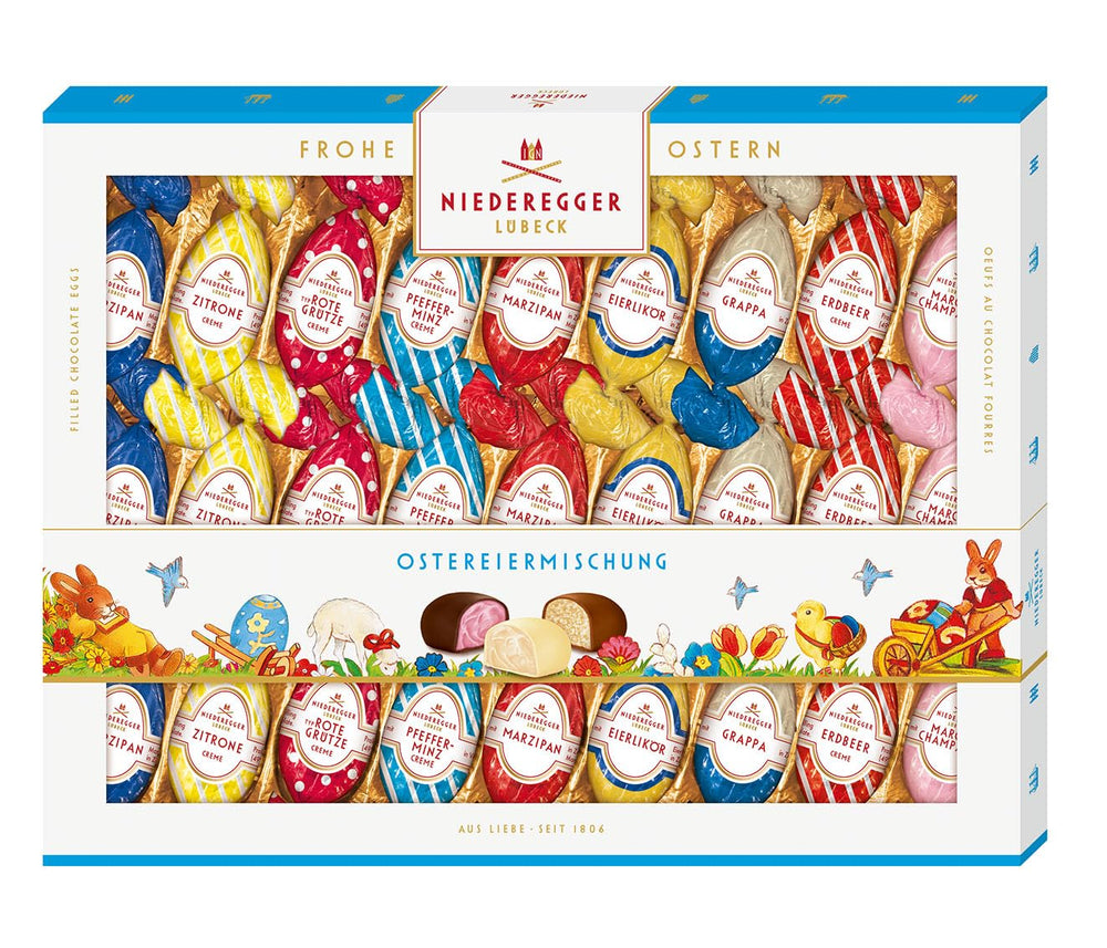 Niederegger | Mix velikonočních vajíček | 1 x 337 g | Velikonoční vajíčka s různými marcipánovými a pralinkovými náplněmi | Poléváno hořkou, mléčnou a bílou čokoládou | velikonoční dárek