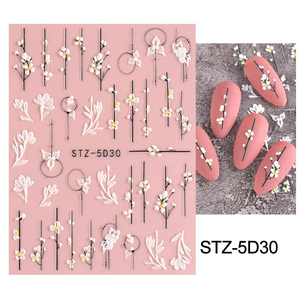 4 Blatt 3D Nagelsticker Frühling Blume Nagelaufkleber 5D Stereoskopisch Selbstklebend Nail Art Sticker Dekoration Nageldesign Zubehör