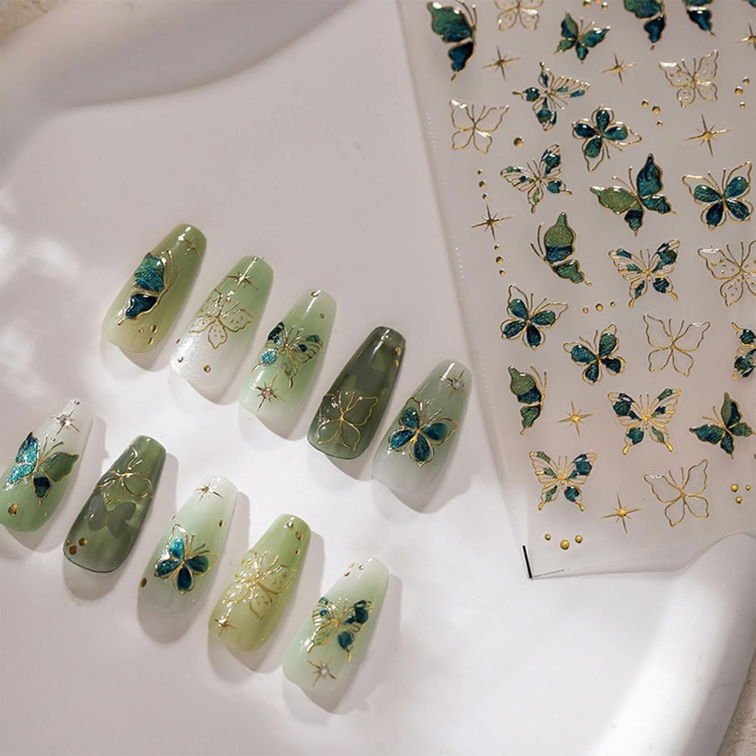 JMEOWIO 3D Nagelsticker Grün Gold Schmetterling Nail Art Sticker Selbstklebend Nagelaufkleber 5D Stereoskopisch Dekoration Nageldesign Zubehör 1 Blatt