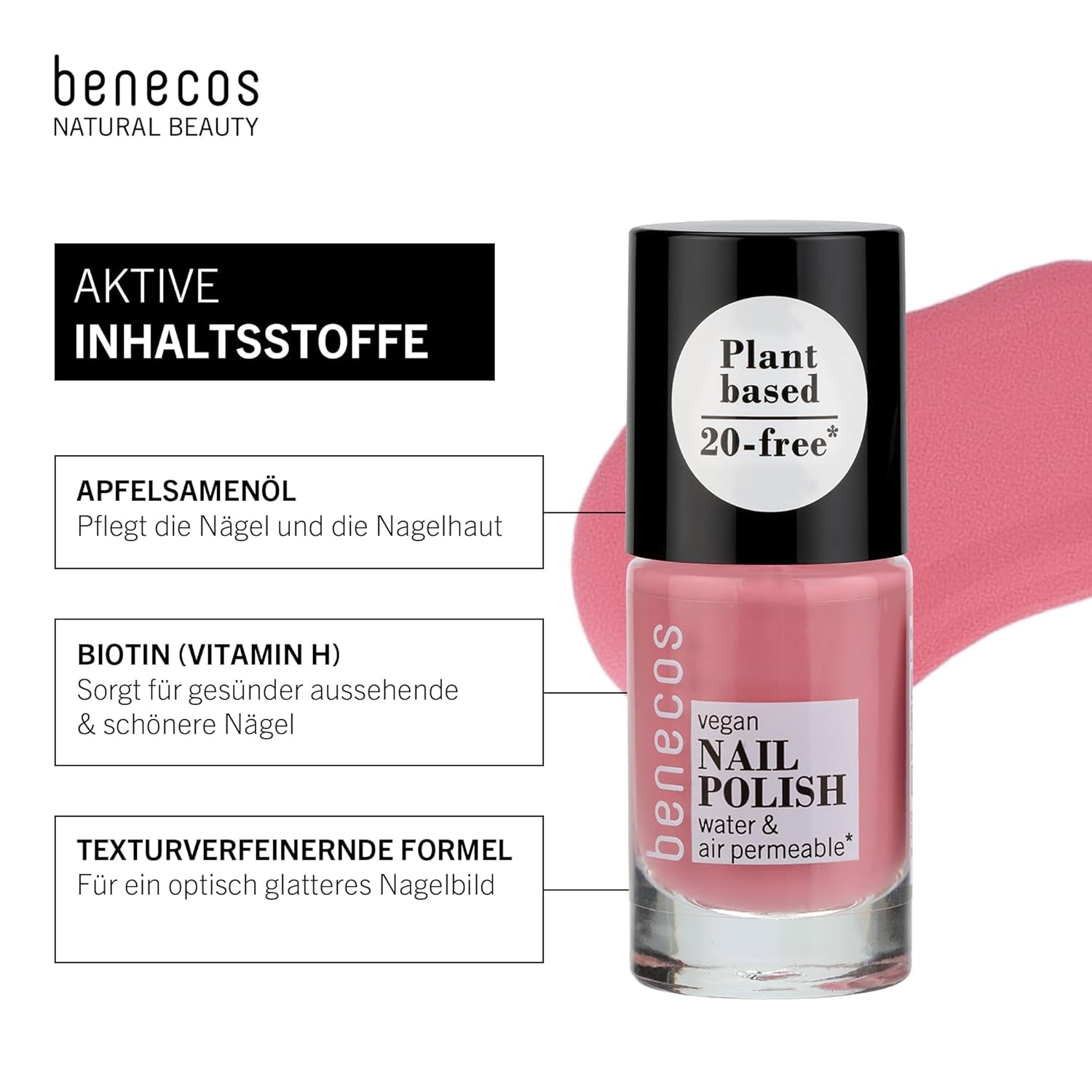 Benecos 20-Free Vegan Nail Polish Bubble Gum - bylinný lak na nehty - rychle schnoucí a dlouhotrvající - propustný pro vodu - obohacený o biotin - 5 ml