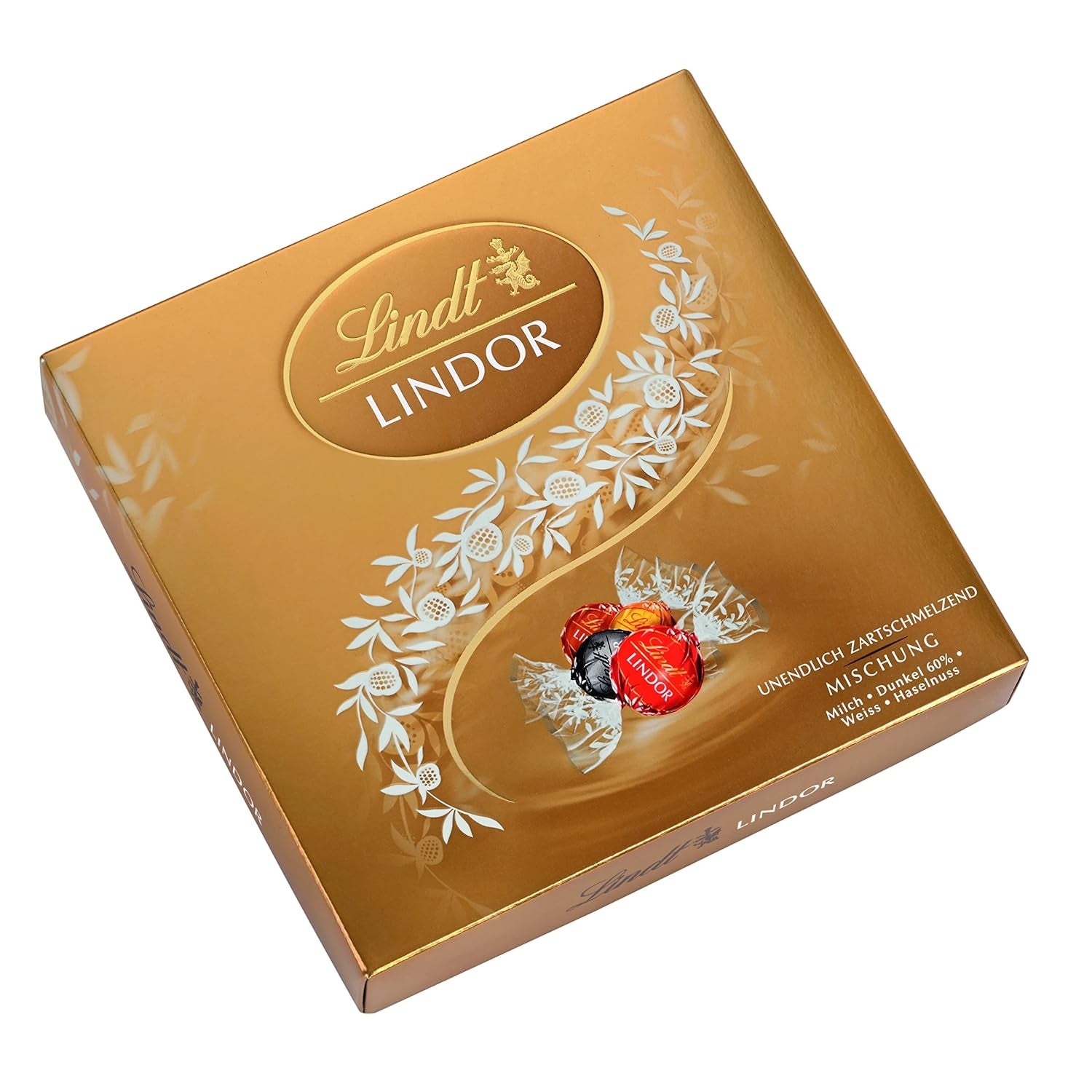 Dárková krabička Lindt LINDOR s různými čokoládami, cca. 15 lanýžů LINDOR, 4 druhy (mléčná čokoláda, bílá čokoláda, hořká čokoláda 60% a lískový ořech), 187 g