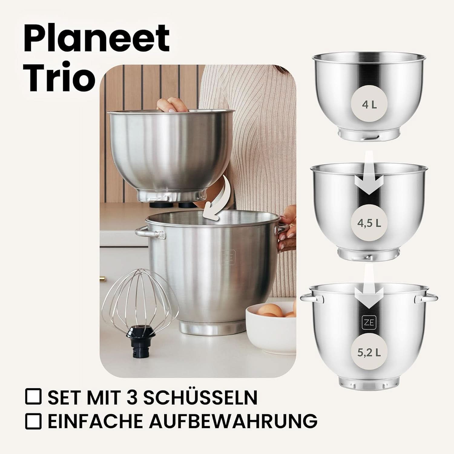 ZEEGMA PLANEET TRIO Planetenroboter, 1500 W, Multifunkční Küchenmaschine Mit 3 Schüsseln 4 L, 4,5 L Und 5,2 L, 10 Betriebsgeschwindigkeiten, Mixer Mit Haken, Schneebesen (Schwarz) Matka a dítě Naty Shop
