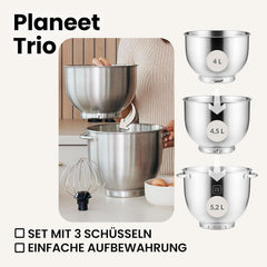 ZEEGMA PLANEET TRIO Planetenroboter, 1500 W, Multifunkční Küchenmaschine Mit 3 Schüsseln 4 L, 4,5 L Und 5,2 L, 10 Betriebsgeschwindigkeiten, Mixer Mit Haken, Schneebesen (Schwarz) Matka a dítě Naty Shop