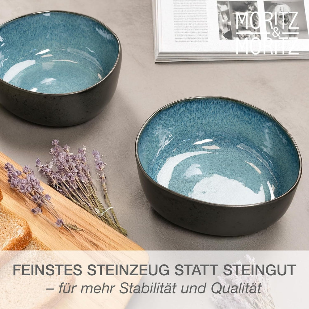 Set de boluri de servire Moritz & Moritz ORGANIC, albastru - 2 boluri mari din gresie de înaltă calitate, moderne și atemporale, potrivite pentru cuptorul cu microunde și mașina de spălat vase - perfecte pentru salate, paste, gustări și multe altele