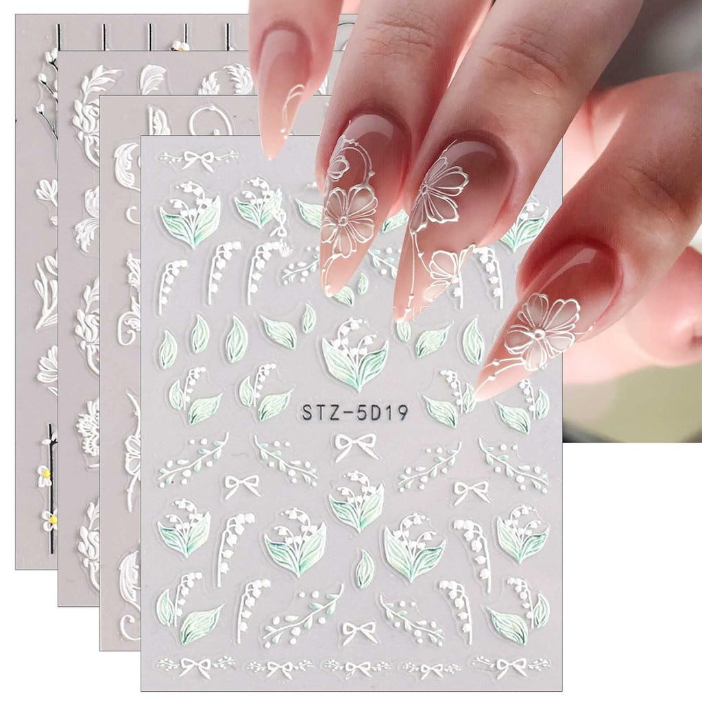 JMEOWIO 3D Nagelsticker Frühling Blume Nail Art Sticker Selbstklebend Nagelaufkleber 5D Stereoskopisch Buntes Sommer Blumen Dekoration Nageldesign Zubehör 4 Blatt