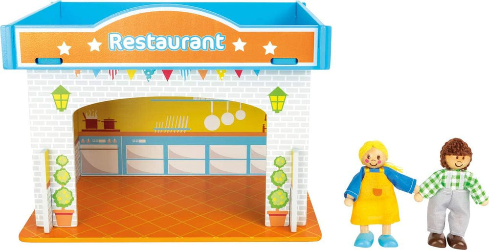 Small Foot 10852 Playhouse Restaurant Vyrobeno ze dřeva, Se 2 figurkami panenek, doplňky a odnímatelnou střechou, Od 3 let Domky pro panenky Naty Shop