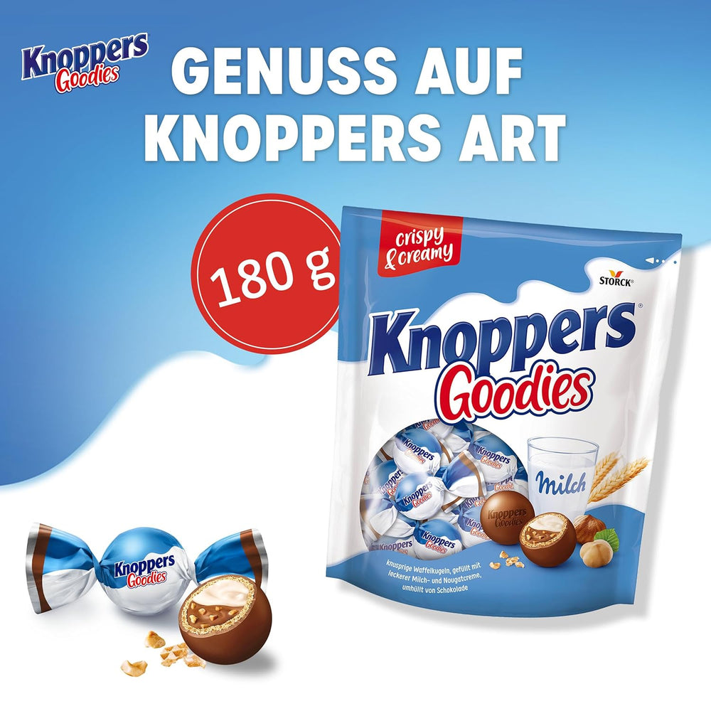 Knoppers Goodies Crunchy Minis – 1 x 180g – křupavé oplatkové kuličky plněné kousky lískových oříšků, mlékem a nugátovým krémem, zalité čokoládou