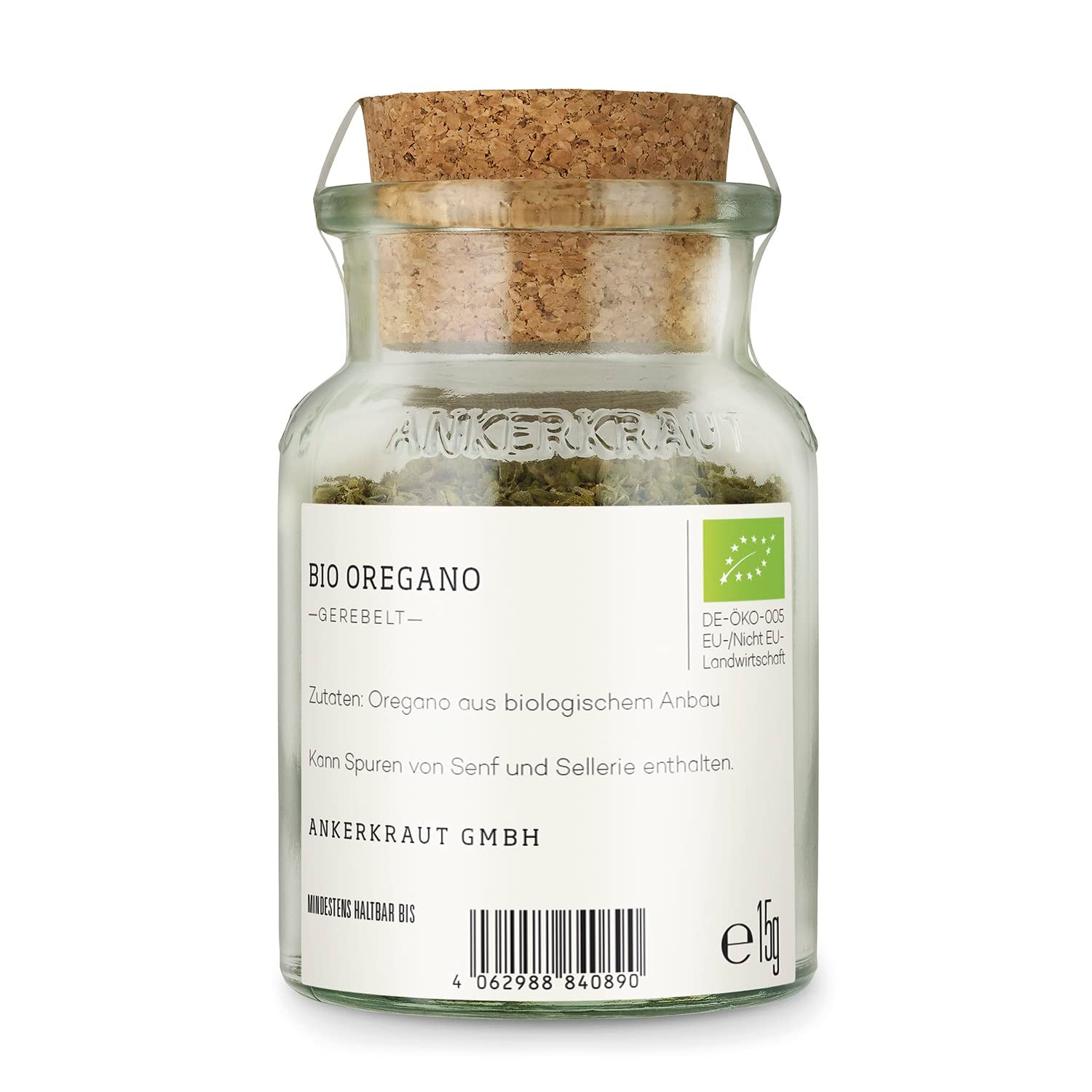 Ankerkraut BIO Oregano, gerebeltes Küchen-Kraut, 15 g v korkovém skle, Bio-Qualität zum selber Sürzen, Gewürz mediterranean Küche für Pizza & Pasta