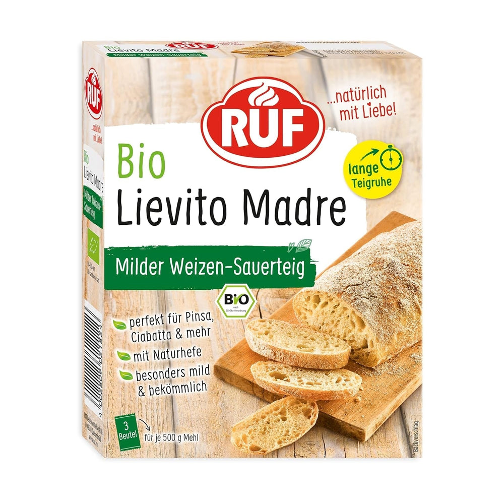 RUF Lievito Madre Sauerteig, Milder Weizen-Sauerteig, Mutterteig, Kurze Teigruhe Durch Enthaltene Trockenhefe, Lievito Madre Getrocknet Für Brot, Bageta, Focaccia, 3X35G Směs na pečení a vaření Naty Shop 105 G (1Erruhe Pack) Lange Teigruhe Pack
