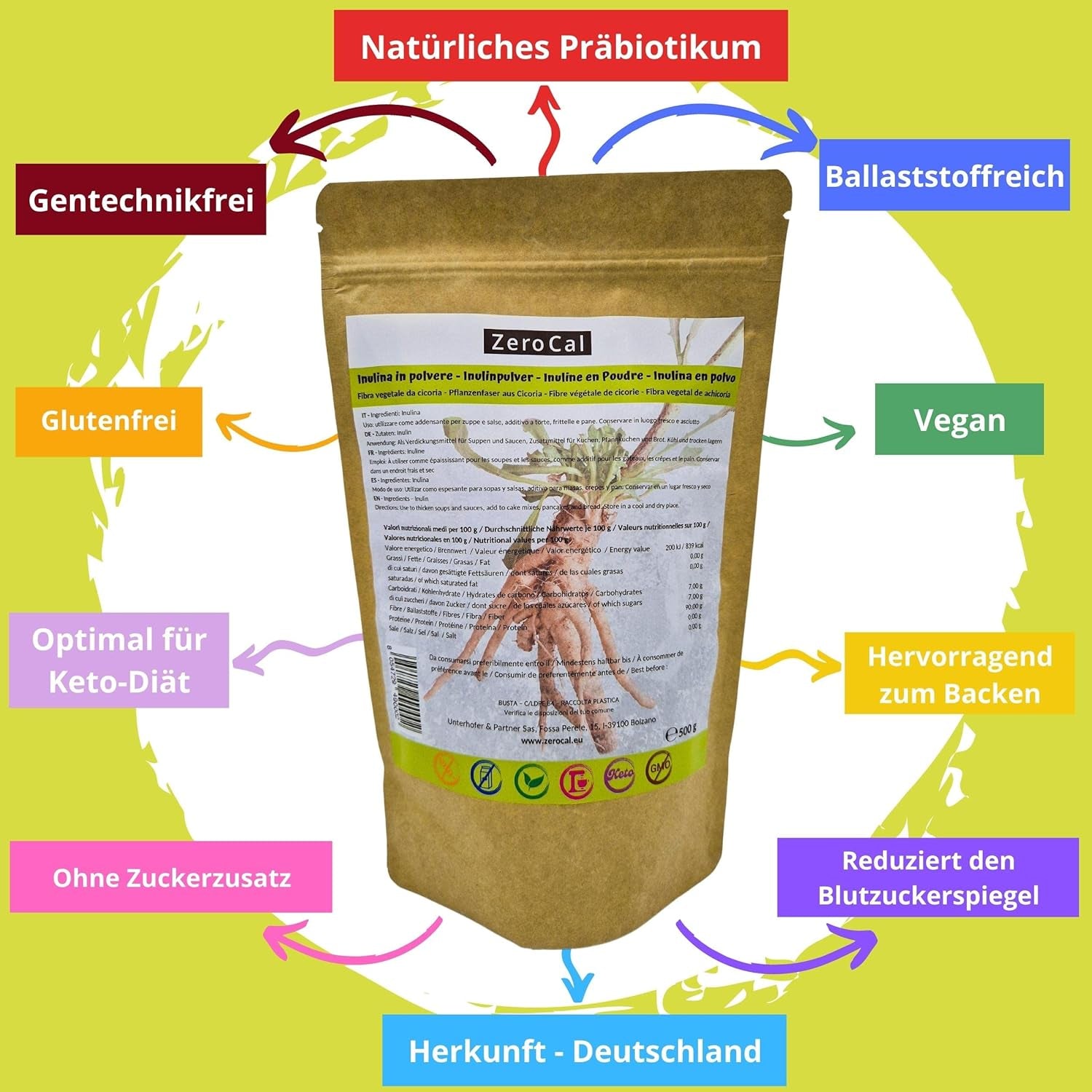 Zerocal - Inulinový prášek z čekanky-wurzel 500 G | Inulin Mit Hohem Ballaststoffgehalt | 100% vegan a bez lepku | Herkunft Deutschland Sweeteners Naty Shop