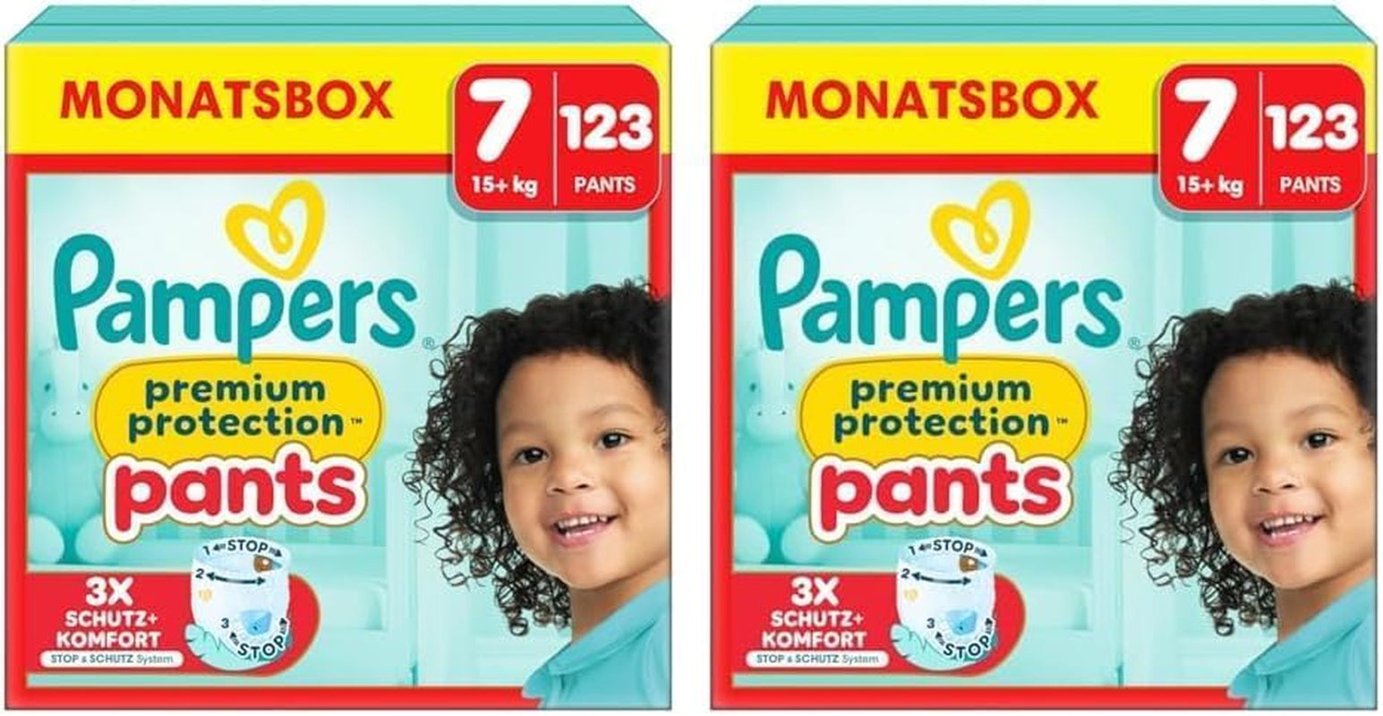 Pampers Premium Protection Pants Velikost 7, 123 Plenky, 15 kg+, s 360° nastavením a měkkými manžetami proti protečení pro optimální pohodlí a ochranu