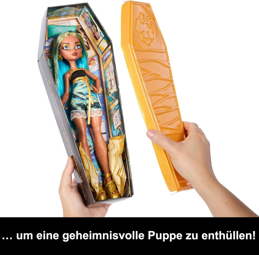 Păpuși și accesorii Monster High Buried Secrets, temă Cozy Creepover cu o păpușă misterioasă și 5 surprize la despachetare (figurinele pot varia), HYV64