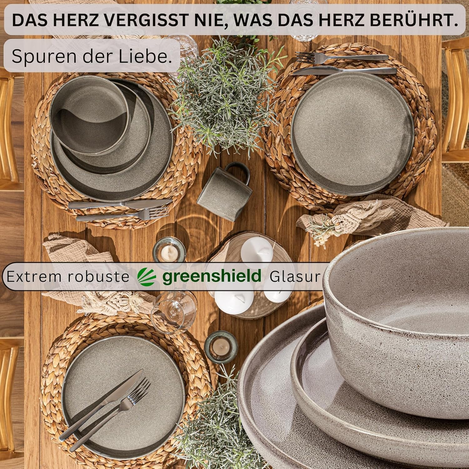 SÄNGER Cairo Clay | Set de veselă 24 piese, set de veselă din gresie pentru 6 persoane, 6 farfurii, 6 farfurii de desert, 6 boluri pentru paste, 6 boluri pentru servire, set de veselă gri | COLECȚIA VALUE