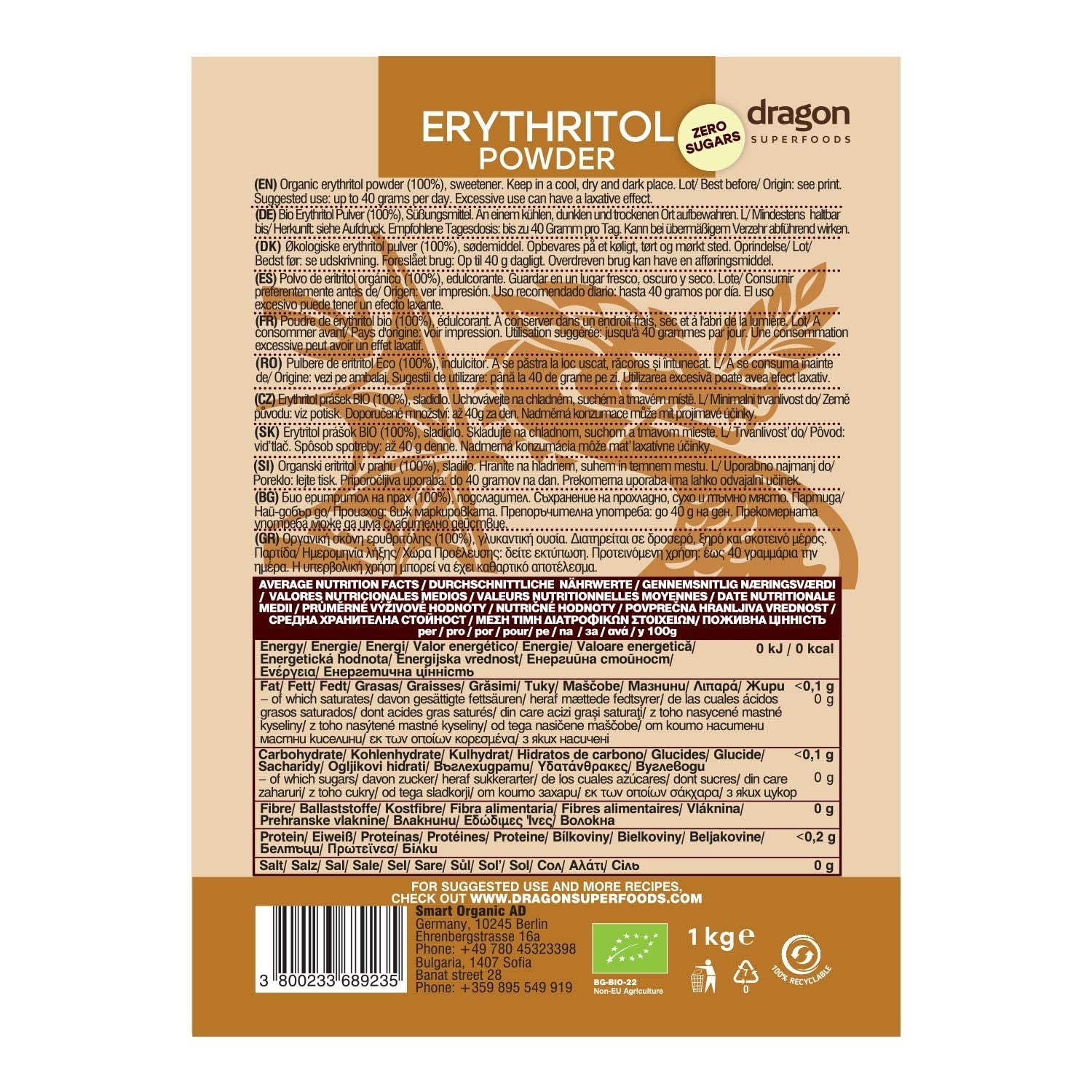 Bio Erythrit - Prášek, 100% Bio, Vegan, Null Kalorien - 1 kg sladidel Naty Shop