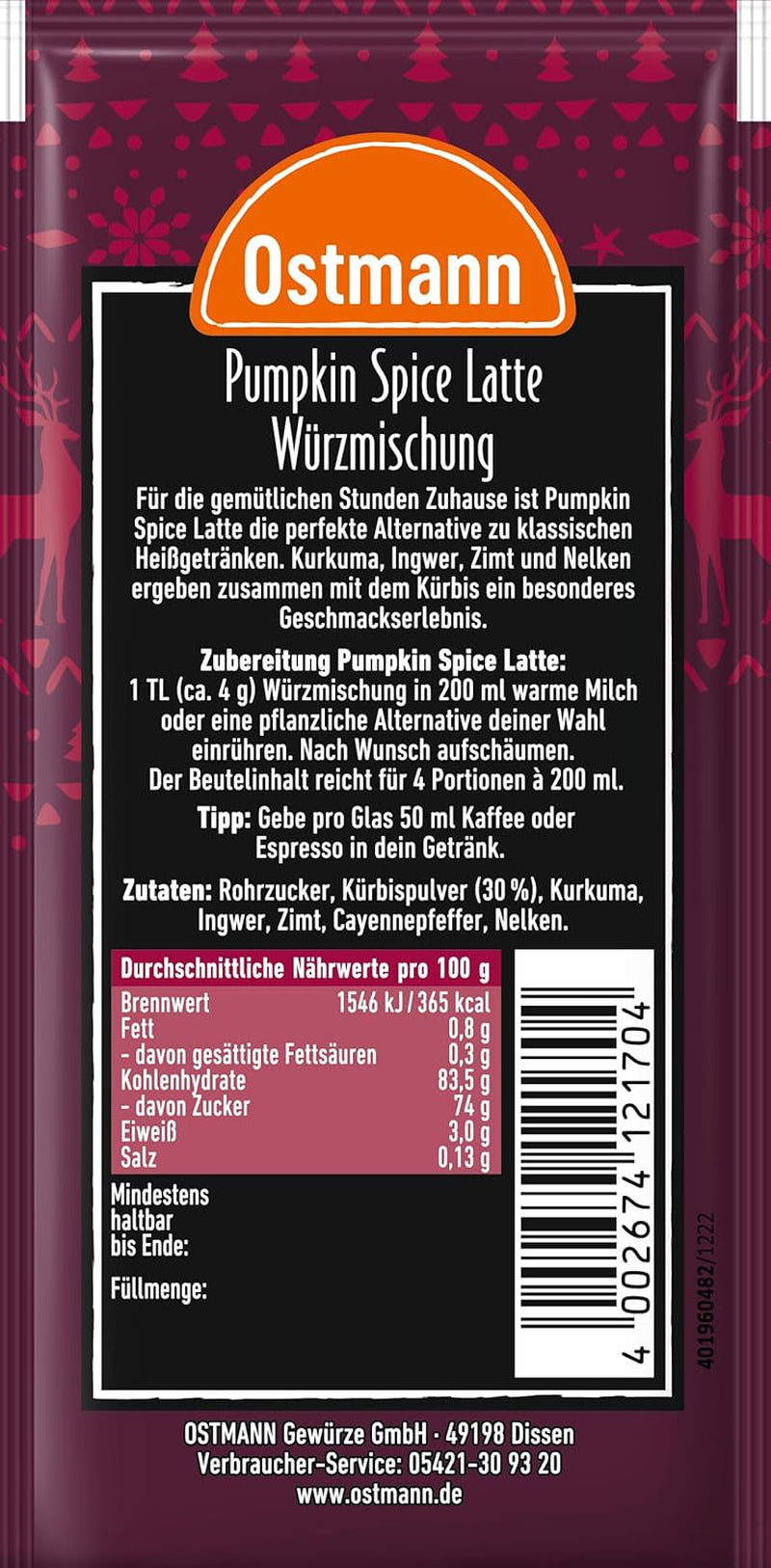 Ostmann Gewürze – Pumpkin Spice Latte Würzmischung, zum Einrühren in Milch mit Kaffee nebo Espresso, mit Kürbispulver, 16 g im Beutel (Verpackungsdesign kann abweichen)