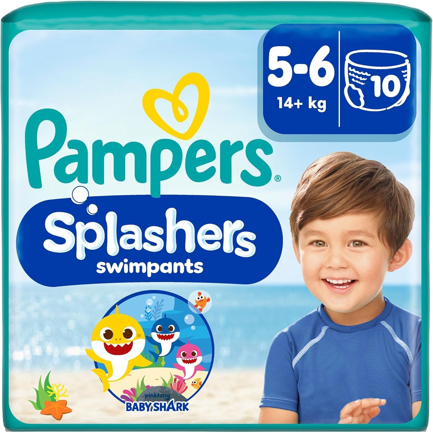 Pampers Velikost 5-6 Splashers Baby Shark Limitovaná edice 10 balení Jednorázové plenky na plavání pro bezpečnou ochranu vody
