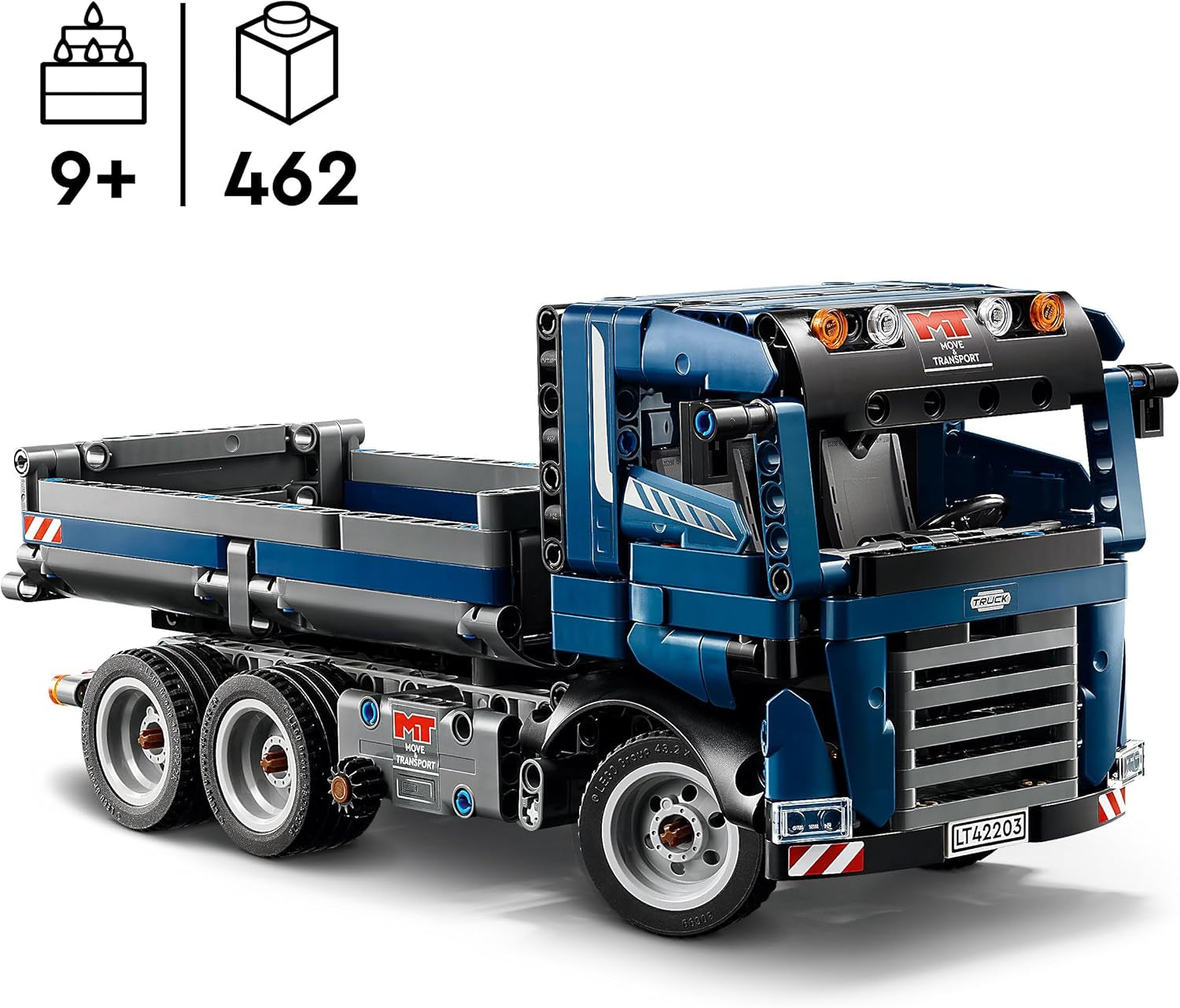 LEGO Technic Sklápěč s volantem a pohyblivým sklápěčem - modré stavební vozidlo - tip na dárek k narozeninám nebo k svátku - stavebnice pro chlapce a dívky od 9 let 42203 Stavebnice Besuche den LEGO-Store