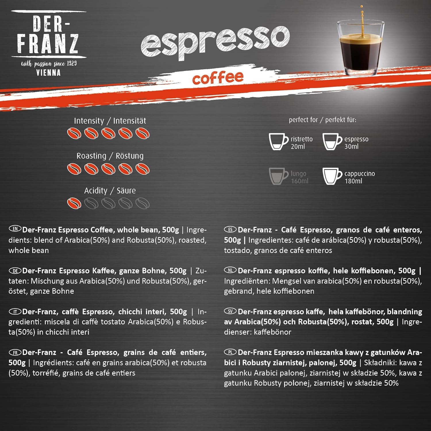 Der-Franz Espresso Kaffee, Intensität 5/5, Arabica und Robusta, ganze Bohne, 3 x 500 g