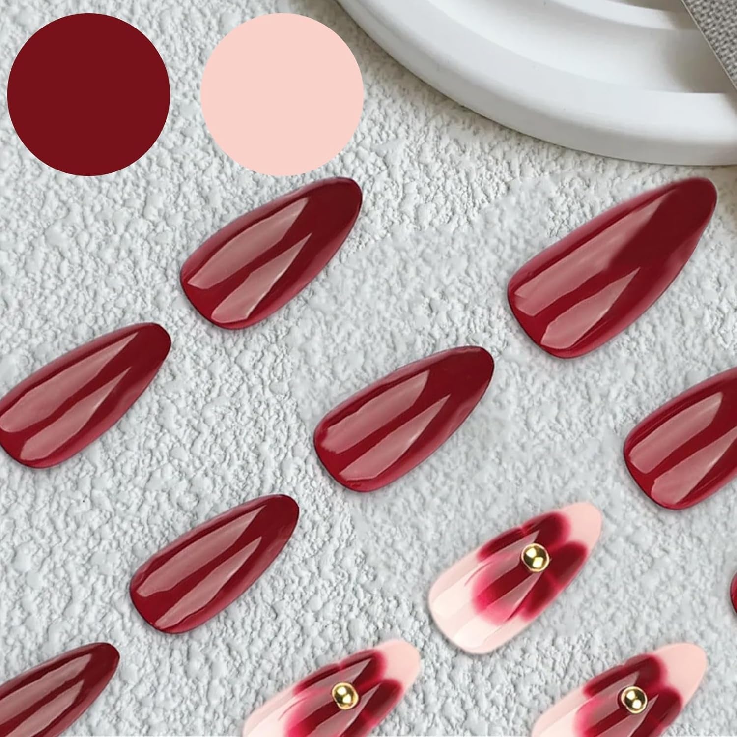 24 Flori Burgundy cu Armură de Diamant, Unghii Presabile, Unghii Artificiale pentru Lipire, Set Vârfuri de Unghii