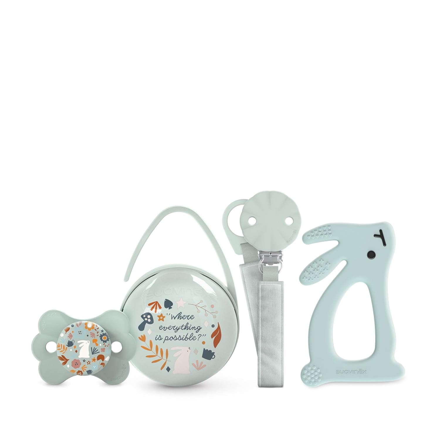 Set cadou Suavinex pentru nou-născuți. Set cu 4 piese, inclusiv: suzetă Physiological SX Pro pentru bebeluși 0-6 luni + suport pentru suzetă + husă pentru suzetă Duo + inel de dentiție din silicon. Wonderland, bej