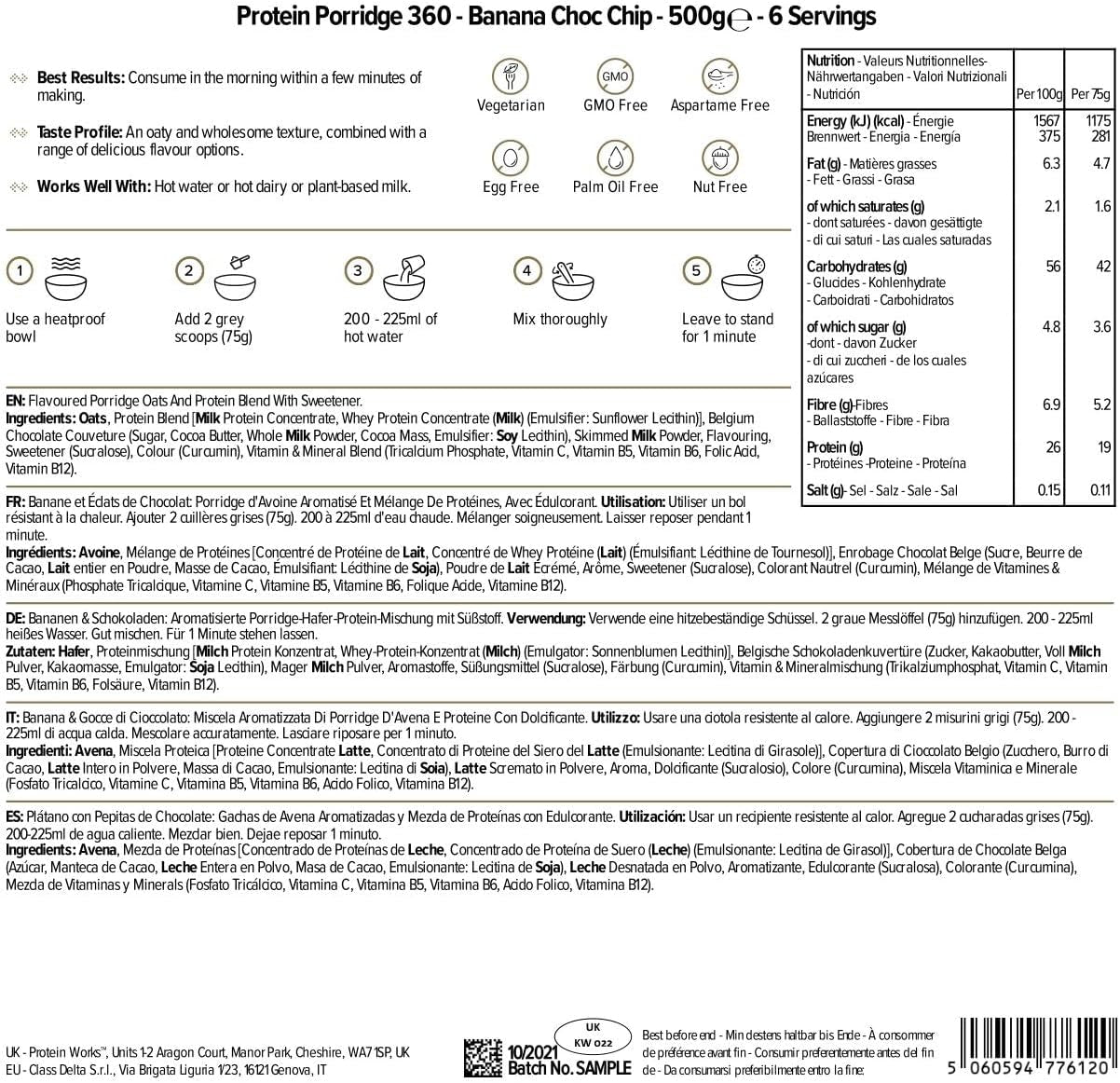 Protein Works - Proteinová kaše 360 | Mýtus Další vitamíny a minerály | Proteinreiches Frühstück | Kalorienarme Haferflocken | 6 porcí | Banán-Čoko-Chip | 500G cereálie Naty Shop