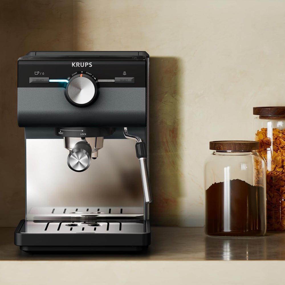 Espressor KRUPS Authentic+, 15 bari, operare intuitivă, design sofisticat, duză de abur, inclusiv accesorii extinse, Bullet Argintiu închis/Oțel inoxidabil, XP384G10