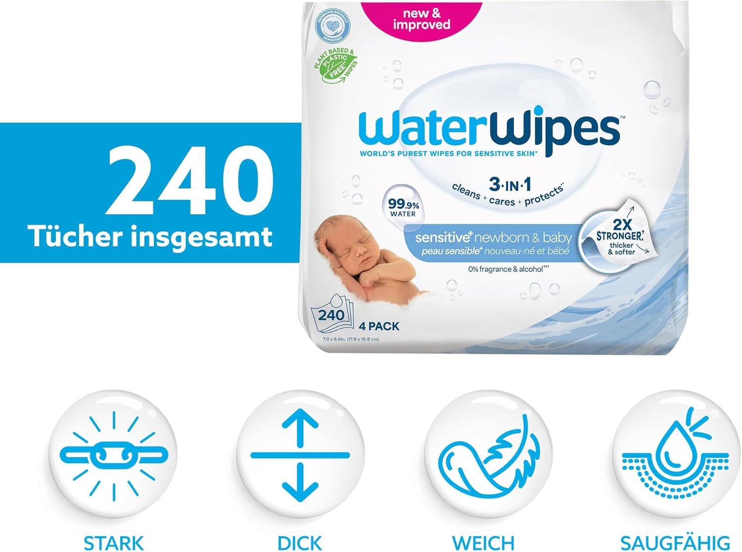 WaterWipes Sensitive+ vlhčené ubrousky pro novorozence a děti v počtu 240 (4 balení) 3 v 1 čištění, péče, ochrana, 99,9 % vody, bez parfemace