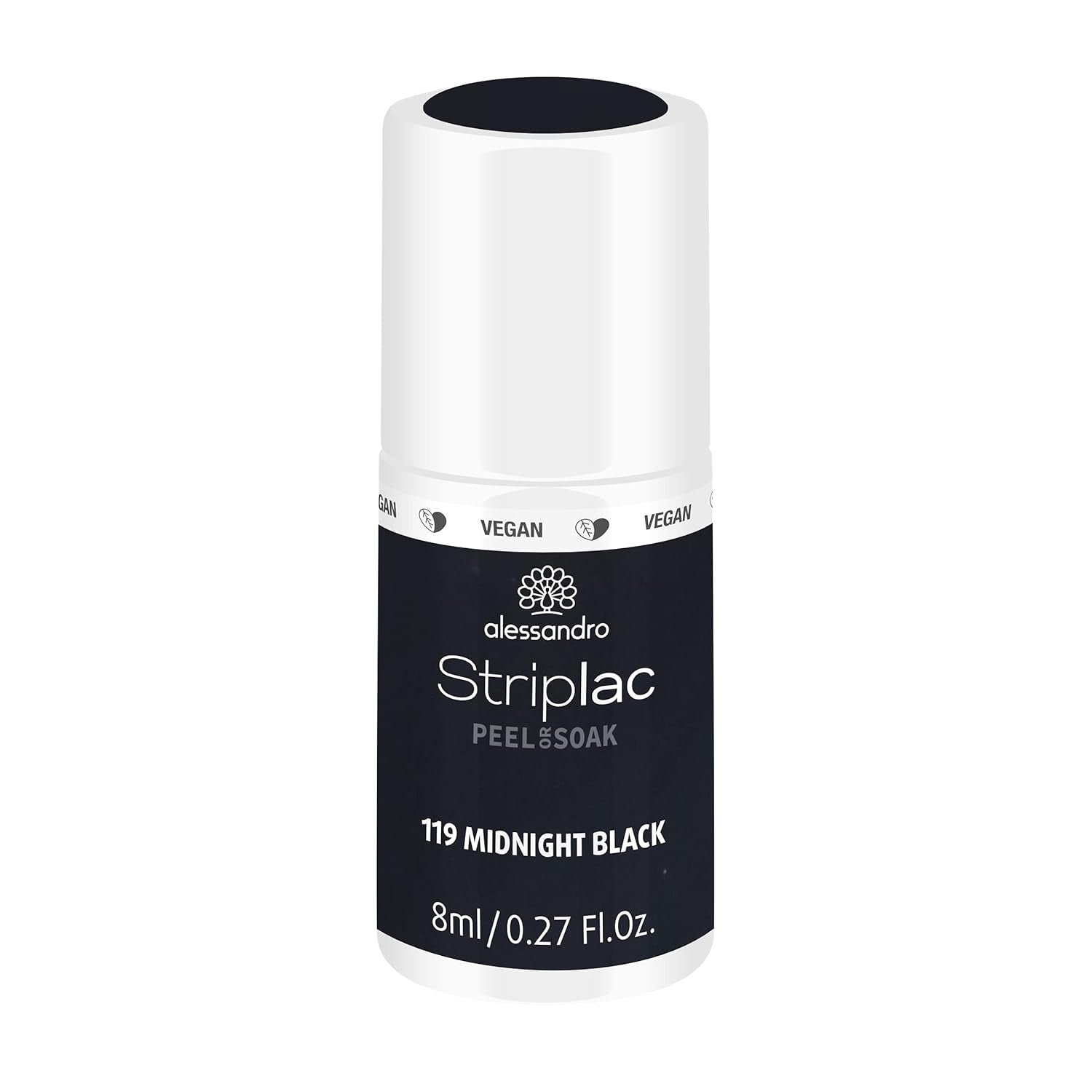 UV lak na nehty alessandro Striplac Midnight Black – Jemný a dlouhotrvající – Snadné odstranění díky odlupovací technologii – Veganský a bez krutosti – 8 ml