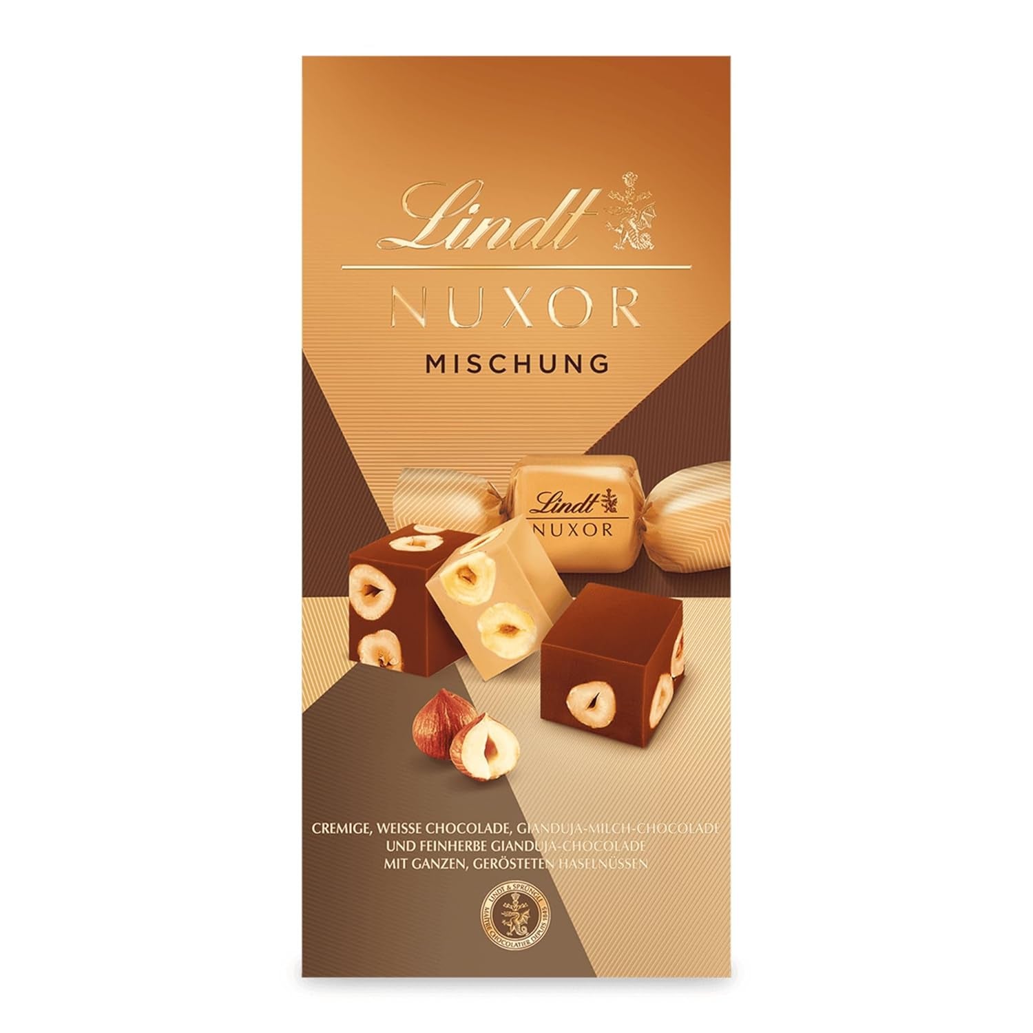 Lindt Čokoláda | Směs pro sáček NUXOR | 103 g | Gianduja smetanové čokoládové kostky ve třech sortimentech s praženými celými lískovými oříšky | Čokoládový dárek