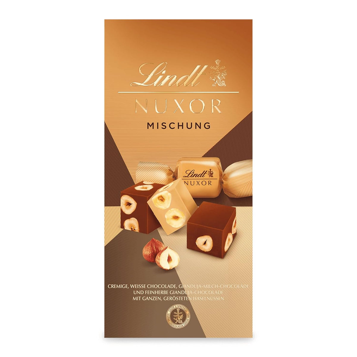 Lindt Čokoláda | Směs pro sáček NUXOR | 103 g | Gianduja smetanové čokoládové kostky ve třech sortimentech s praženými celými lískovými oříšky | Čokoládový dárek
